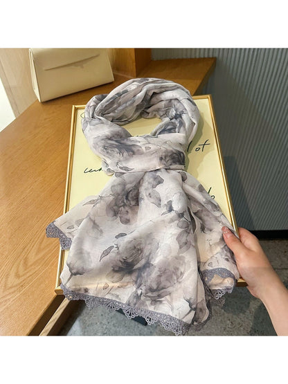 Scarvii - Watercolor Floral Lace Trim Scarf