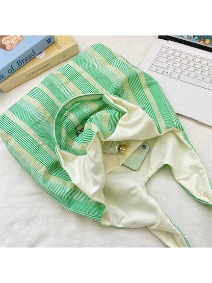 Side view of Cosbai Enjoy Today striped tote bag highlighting its rectangular shape and fabric texture
