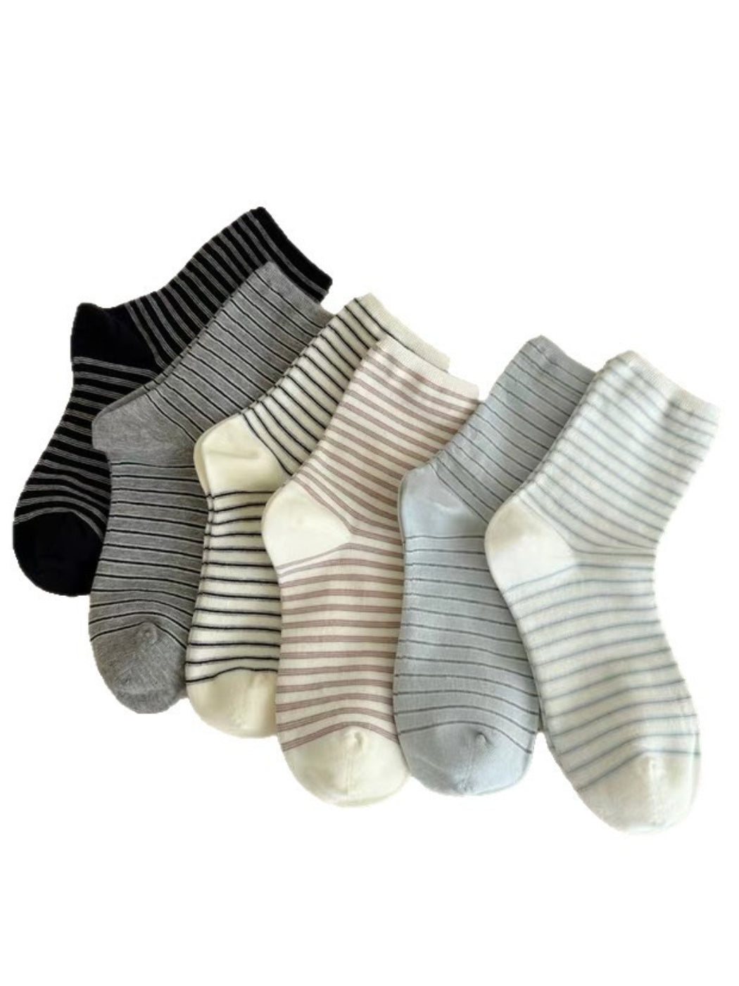 Pair of Rufia Classic Thin Stripe Crew Socks laid flat showing thin stripe pattern