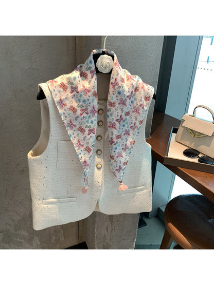 Scarvii - Butterfly Floral Print Tassel Square Scarf