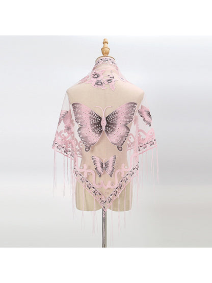 Close-up of fringed edge detail on Scarvii Butterfly Fringe Triangle Scarf with butterfly print