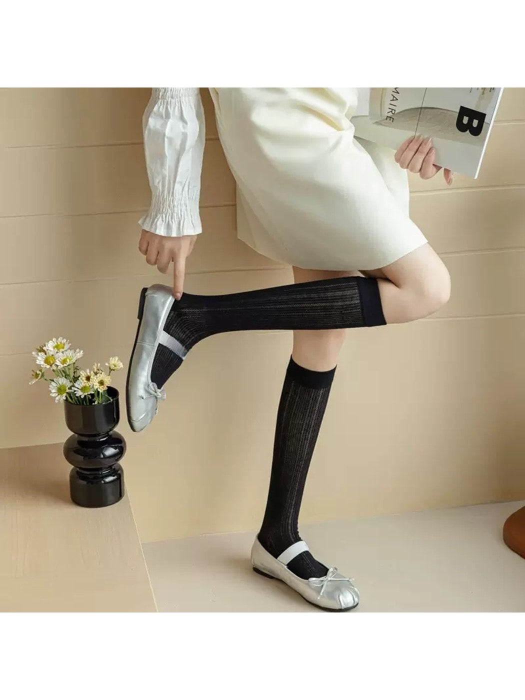 Rufia - Solid Tone Stacked Look Mid Calf Socks