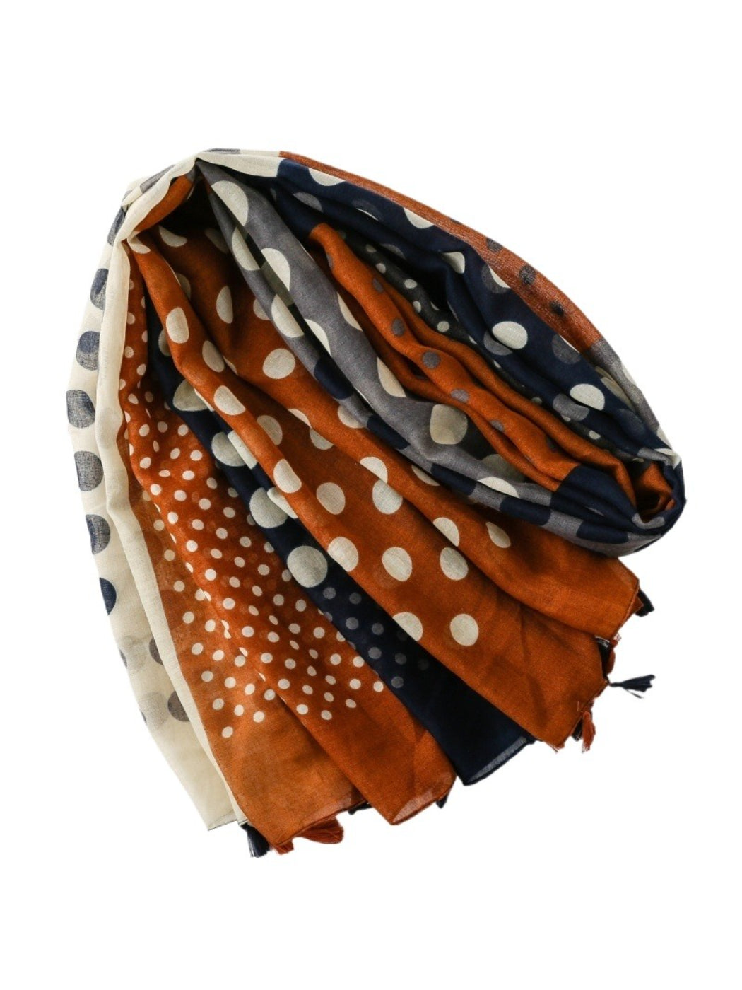 Model wearing Scarvii colourblock spot print scarf styled around the neck