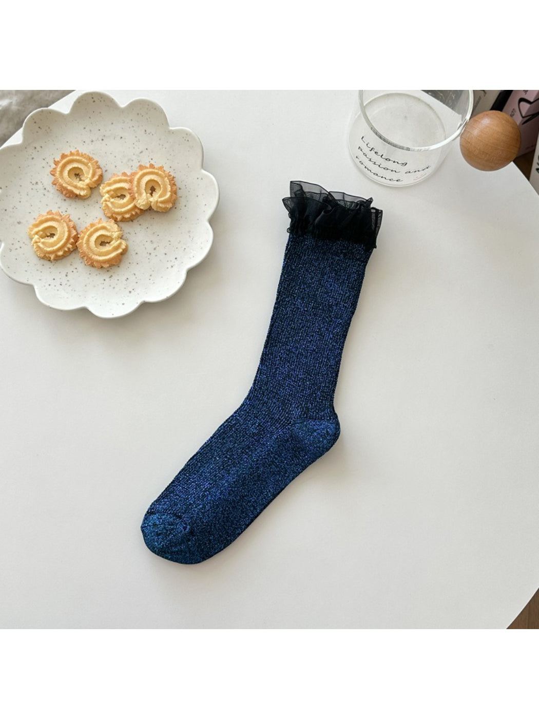 Rufia blue sparkle trim crew sock flat lay