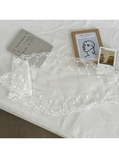 Scarvii - White Floral Embroidery Lace Trim Scarf