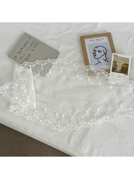 Scarvii - White Floral Embroidery Lace Trim Scarf