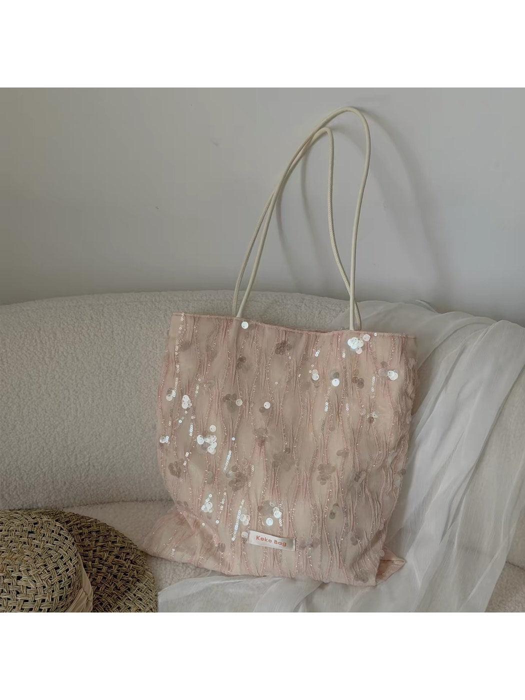 Cosbai - Pink Sequined Wavy Texture Tote Bag