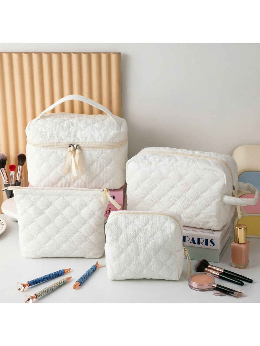 Cosbai - Quilted Plaid Zipper Cosmetic Organizer Bag