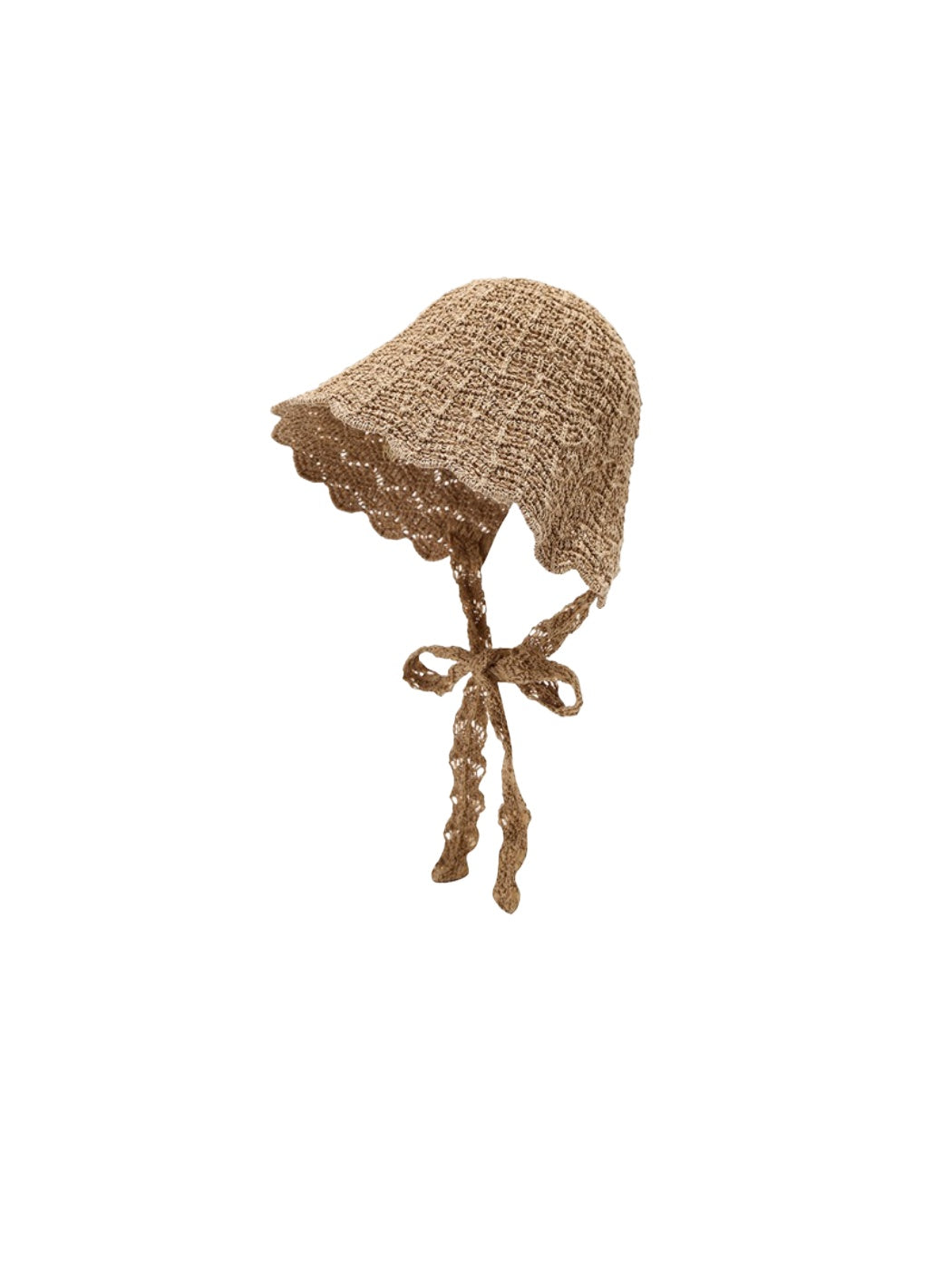 Model wearing Haila Tie Strap Knit Bucket Hat, angled side view