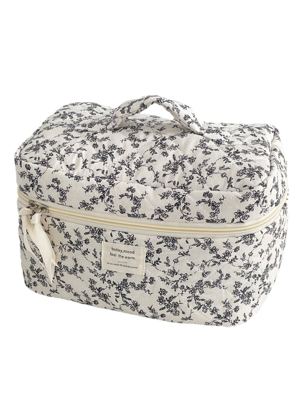 Open Cosbai vintage floral quilted makeup train case showing multiple