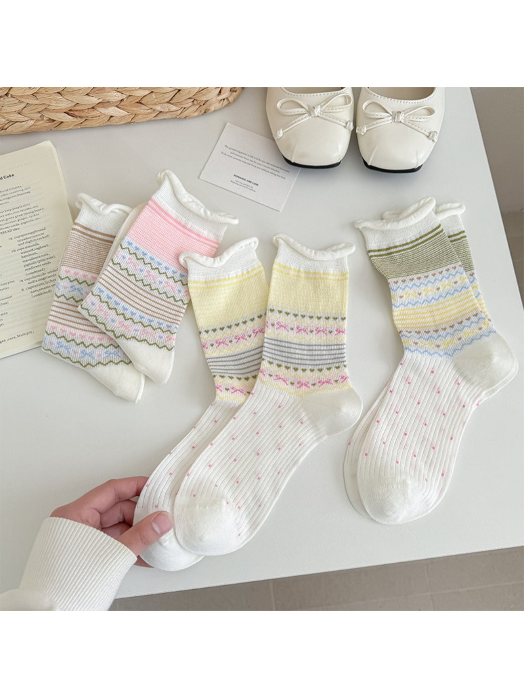 Pair of Rufia Sweet Knit Detail Crew Socks in soft beige with ribbed texture