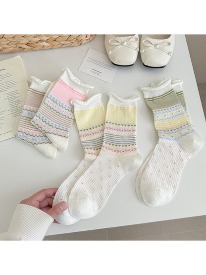 Pair of Rufia Sweet Knit Detail Crew Socks in soft beige with ribbed texture