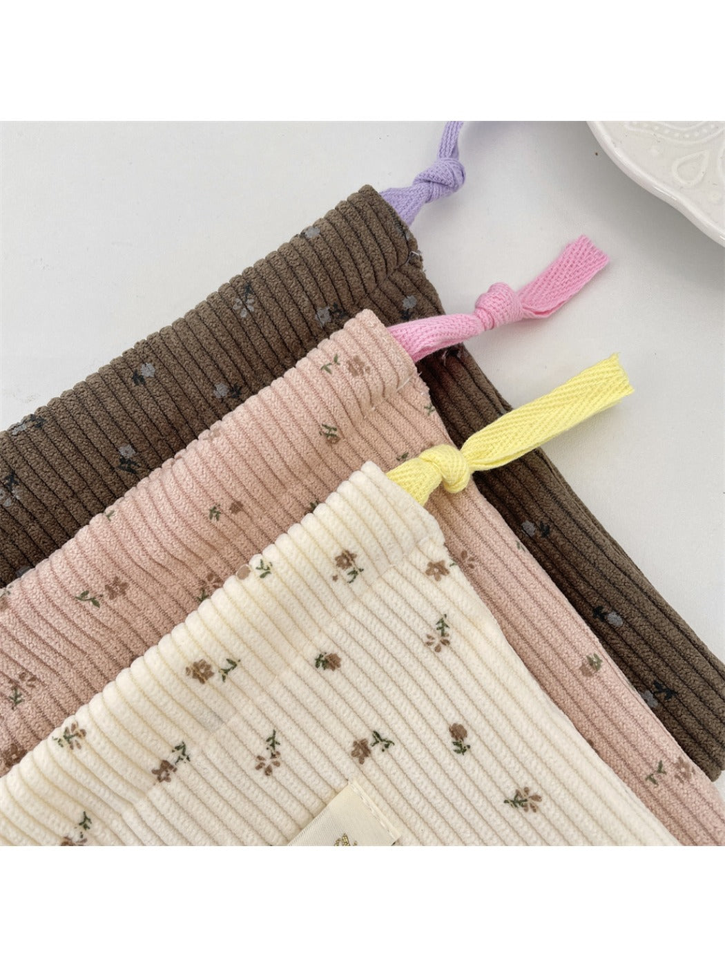 Cosbai - Corduroy Floral Drawstring Pouch
