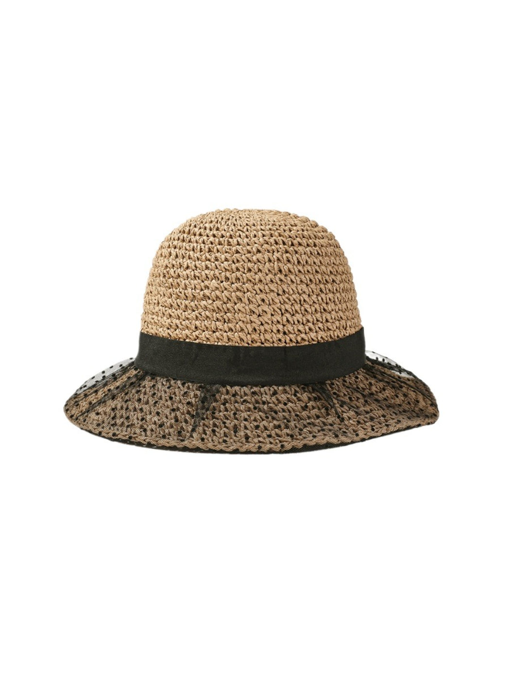 Close-up of black lace pattern on straw look hat with scalloped edge