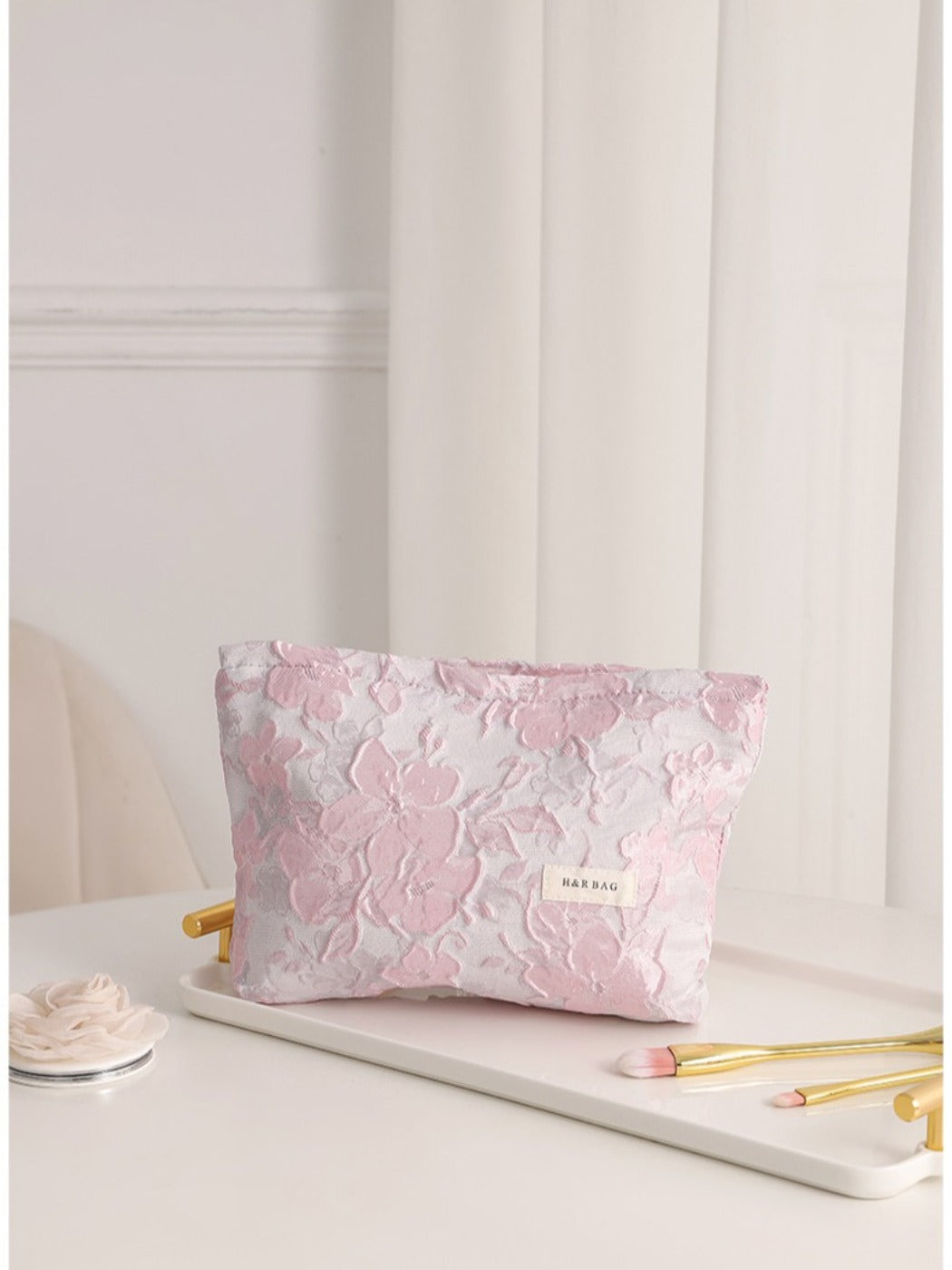 Cosbai floral cosmetic bag with vibrant flower design in pink and white tones