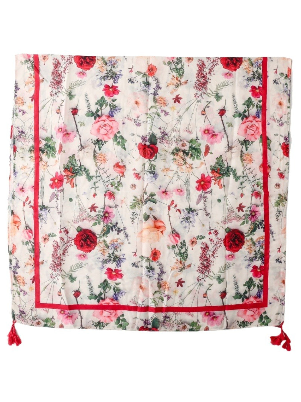Romantic Bloom Tassel Scarf spread flat highlighting full floral design and tassel trim