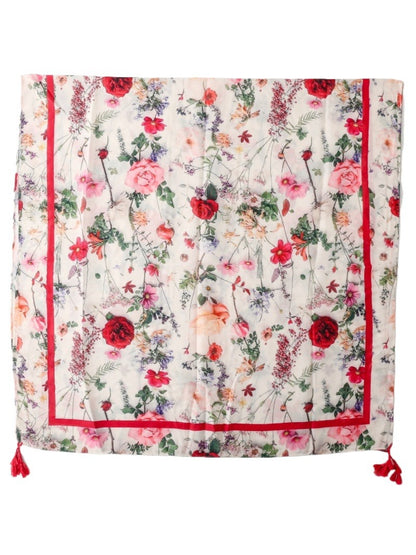 Romantic Bloom Tassel Scarf spread flat highlighting full floral design and tassel trim