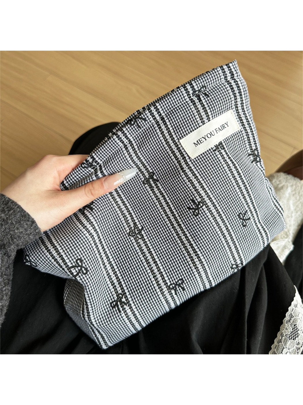 Cosbai gingham bow makeup pouch with black and white check design