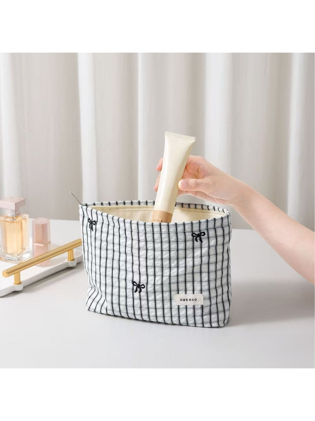 Cosbai - Checked Bow Embroidered Makeup Bag Pouch
