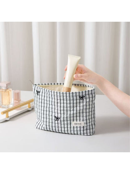 Cosbai - Checked Bow Embroidered Makeup Bag Pouch