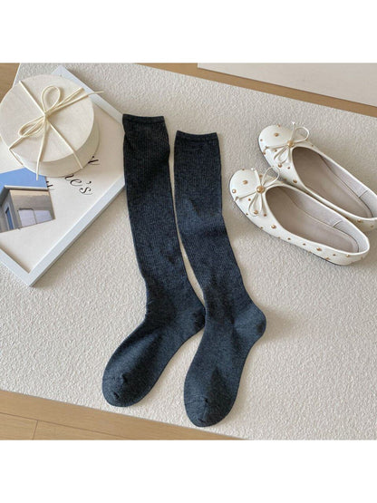 Rufia - Solid Color Ribbed Knee-high Socks