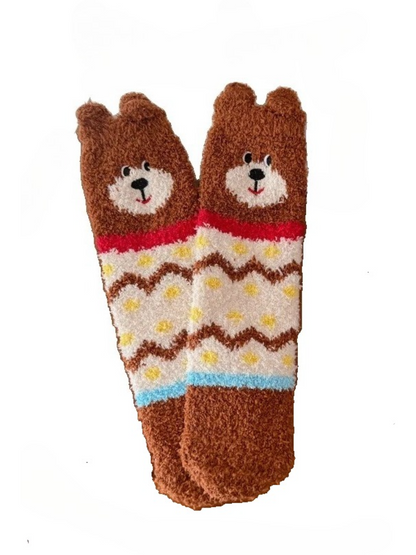 Rufia - Bear Face Fuzzy Ear-Edge Crew Socks