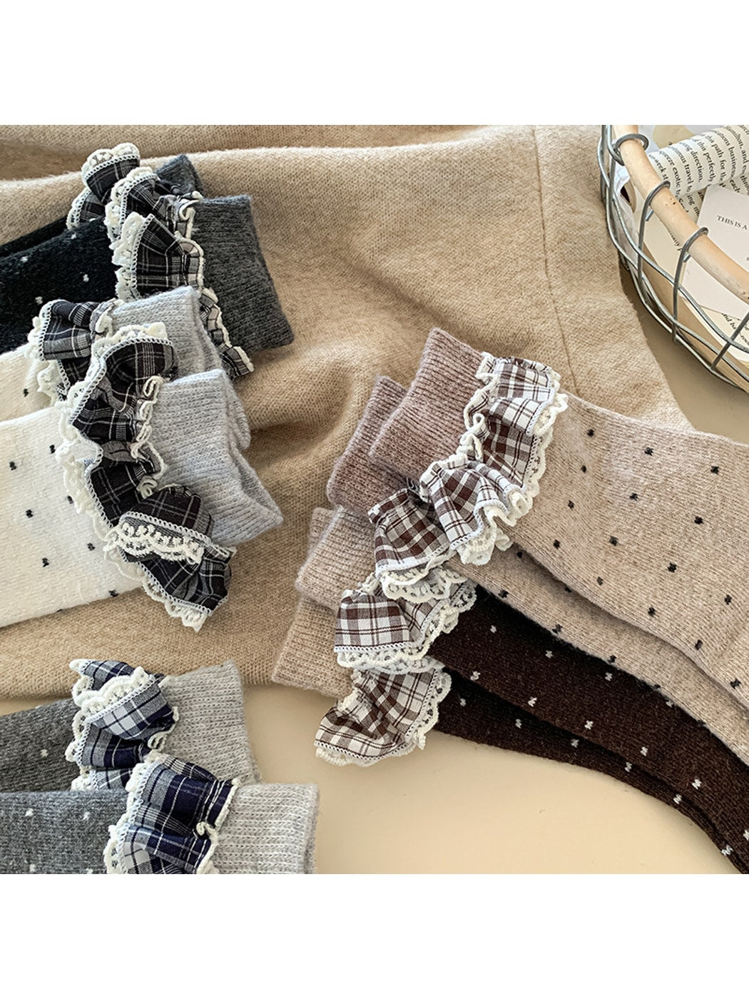 Rufia - Polka Dot Lace Ruffle Trim Crew Socks