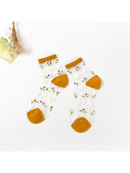 Rufia - Soft Floral Mesh Sheer Crew Socks