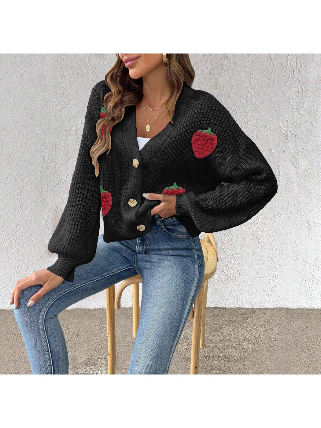 Crosa Cute Strawberry Knit Cardigan for Women accessory detail view