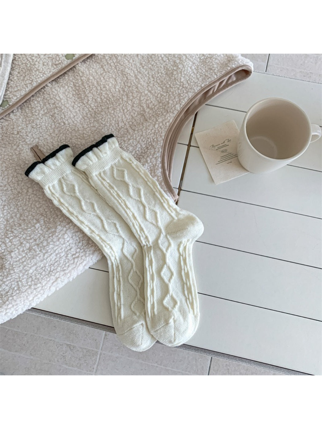 Rufia - Cable Knit Contrast Trim Casual Crew Socks product image 5