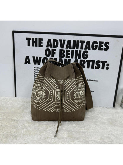 Cosbai - Knitted Shoulder Bag with Retro Style Featuring Drawstrings