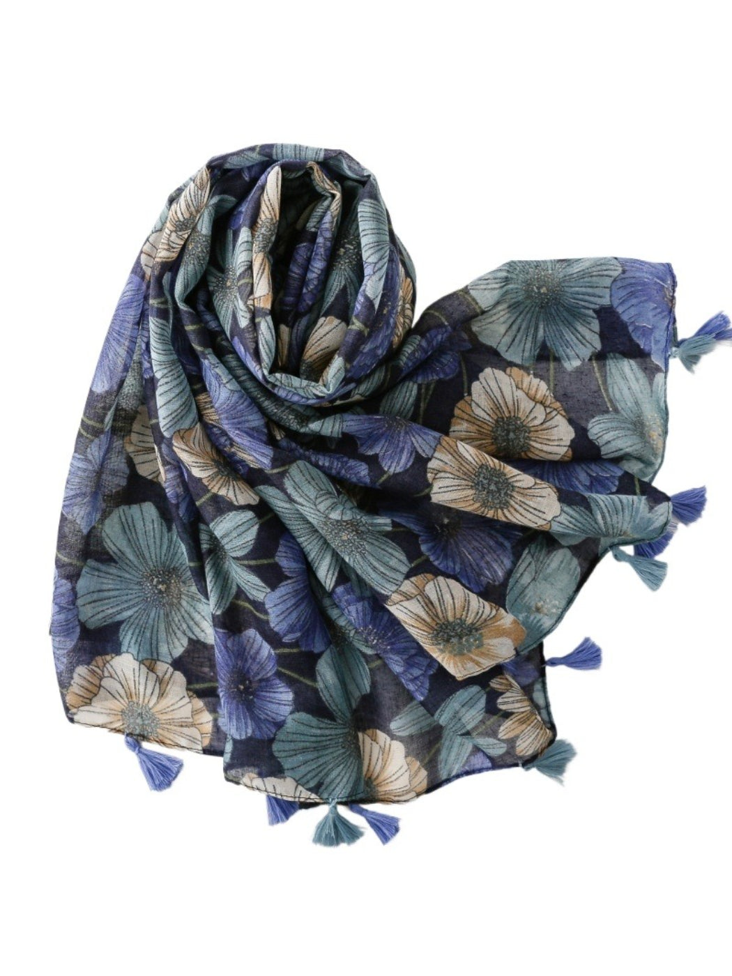 Close-up of Scarvii Garden Bloom Scarf fabric with detailed floral print and tassels