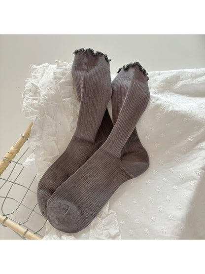 Rufia - Minimalist Solid Color Ruffles Trim Crew Socks