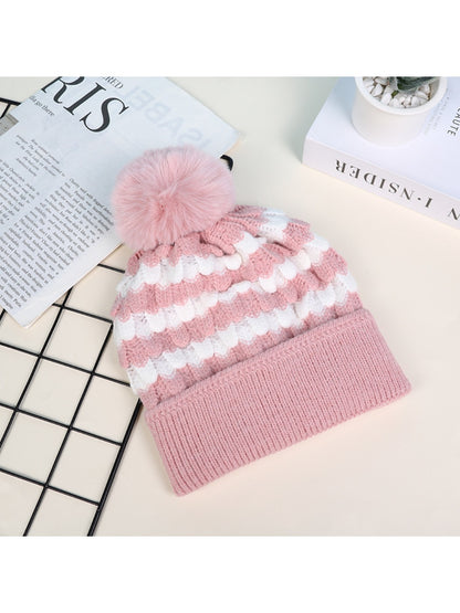Haila - Women's Striped Fleece Lined Beanie with Pom