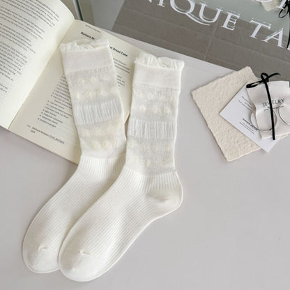 Close-up of cuff area on Rufia floral trim ribbed crew socks showing scalloped floral edge
