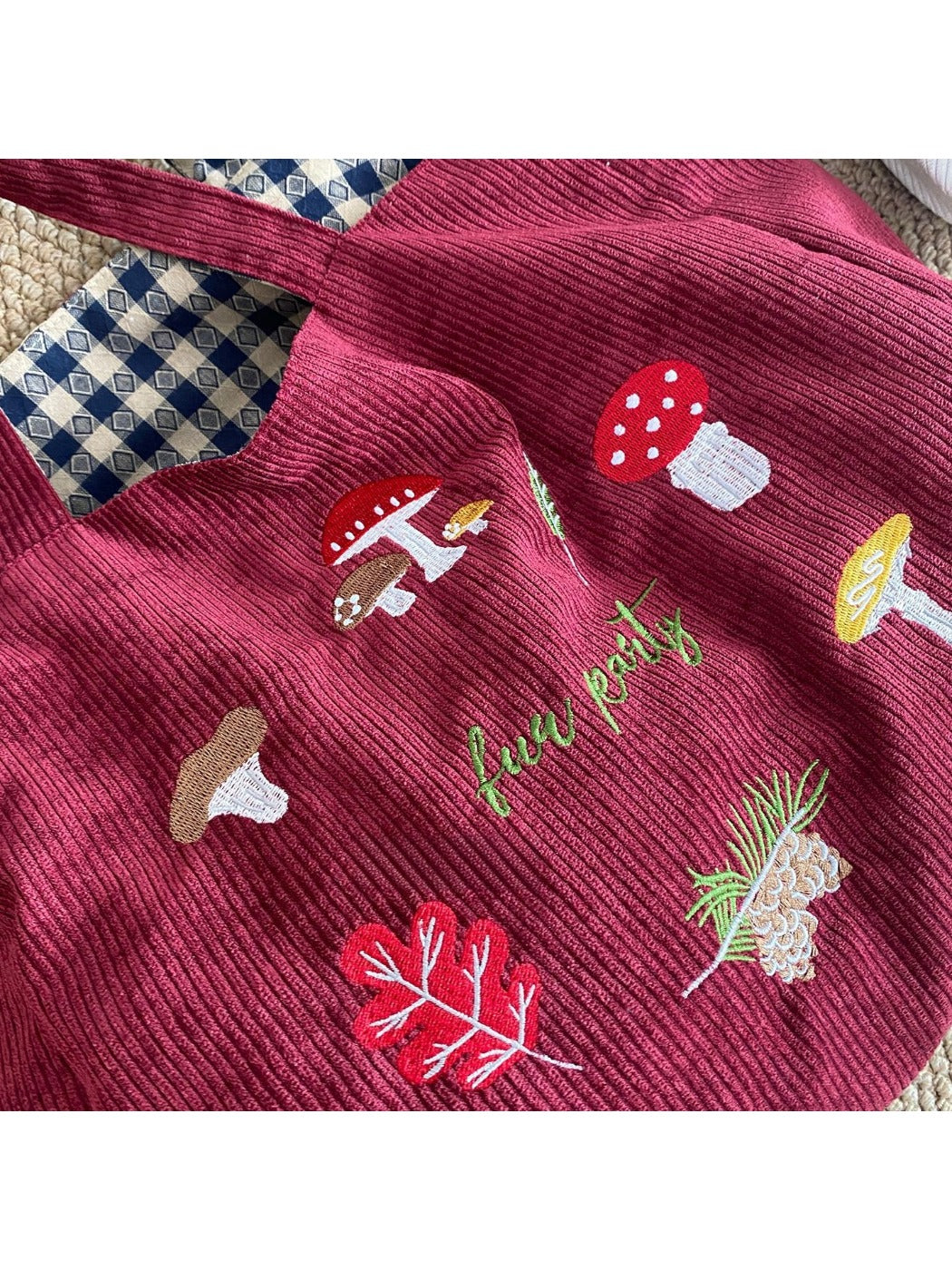 Cosbai – Retro Corduroy Mushroom Embroidered Shoulder Bag