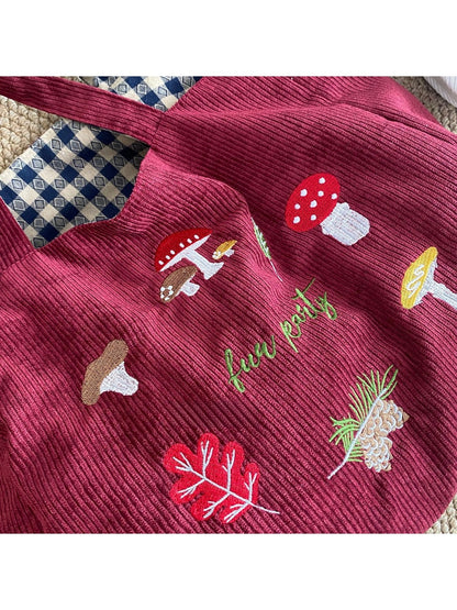 Cosbai – Retro Corduroy Mushroom Embroidered Shoulder Bag