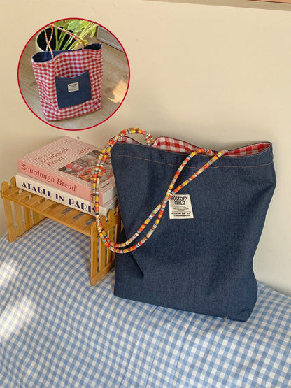 Cosbai – Vintage Denim & Plaid Reversible Tote Bag