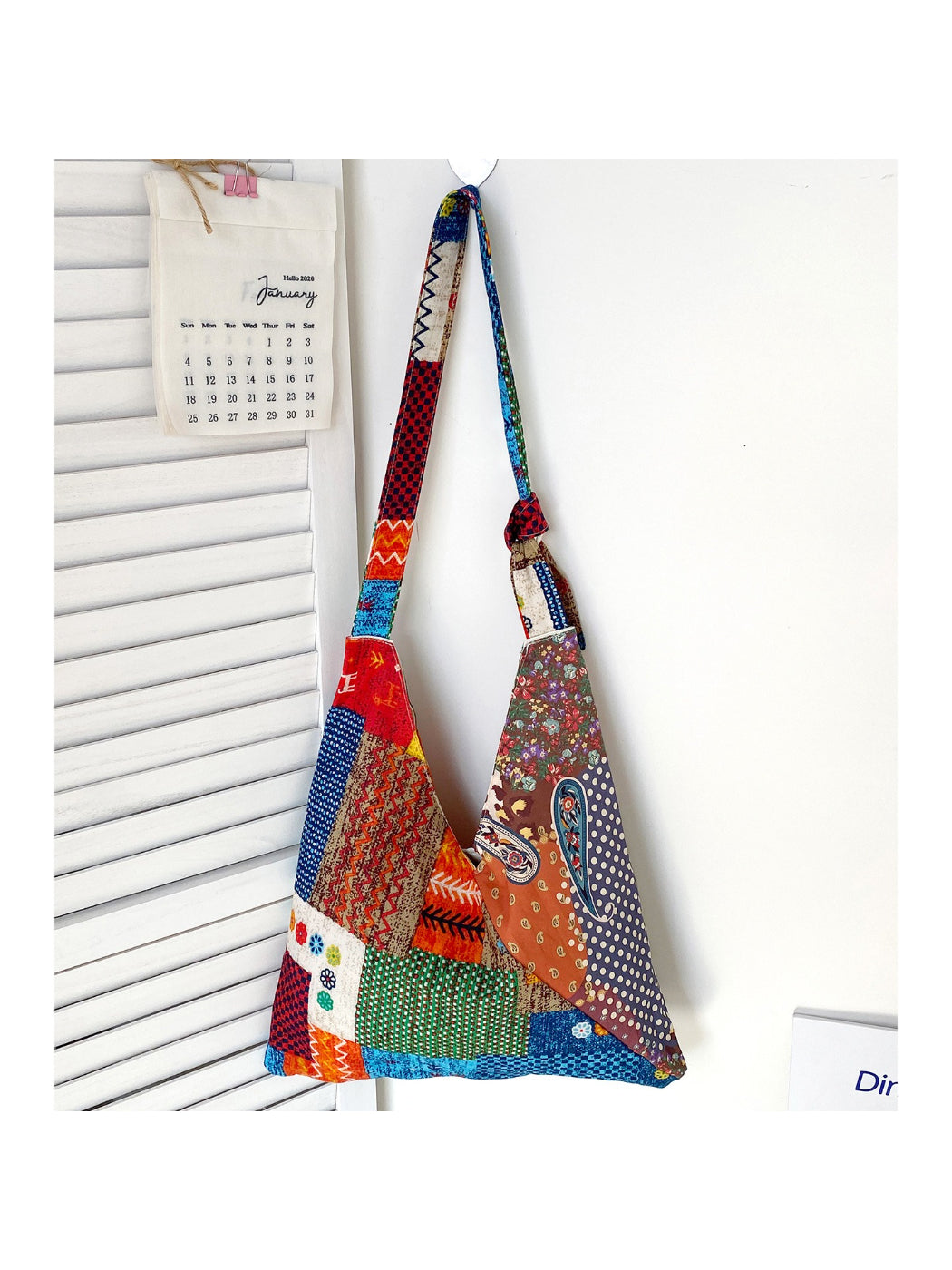Cosbai boho print patchwork shoulder bag front view with colorful fabric patterns