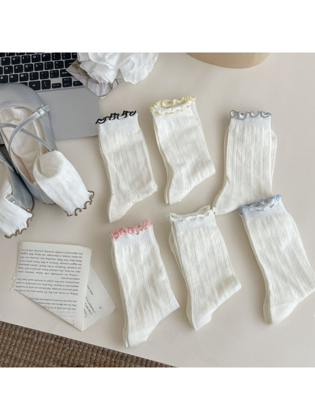 Rufia - Color Trim Ruffle Cuff Crew Socks
