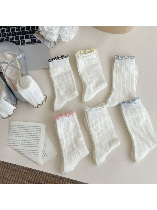 Rufia - Color Trim Ruffle Cuff Crew Socks