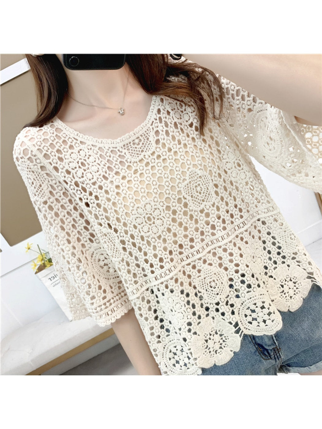 Crosa - Floral Hollow Out Long Sleeve Cover Up