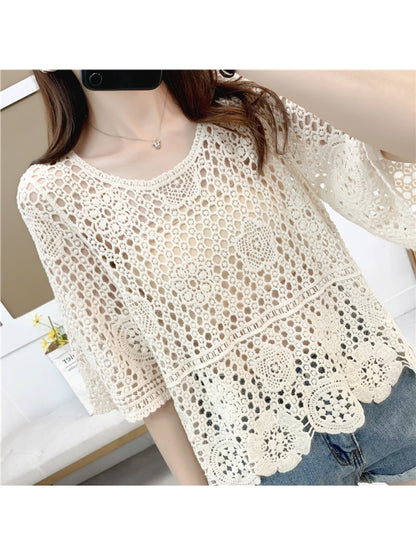 Crosa - Floral Hollow Out Long Sleeve Cover Up