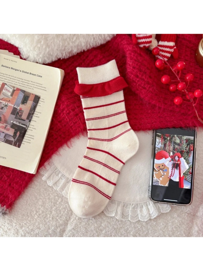 Rufia - Red and White Nordic Pattern Crew Socks