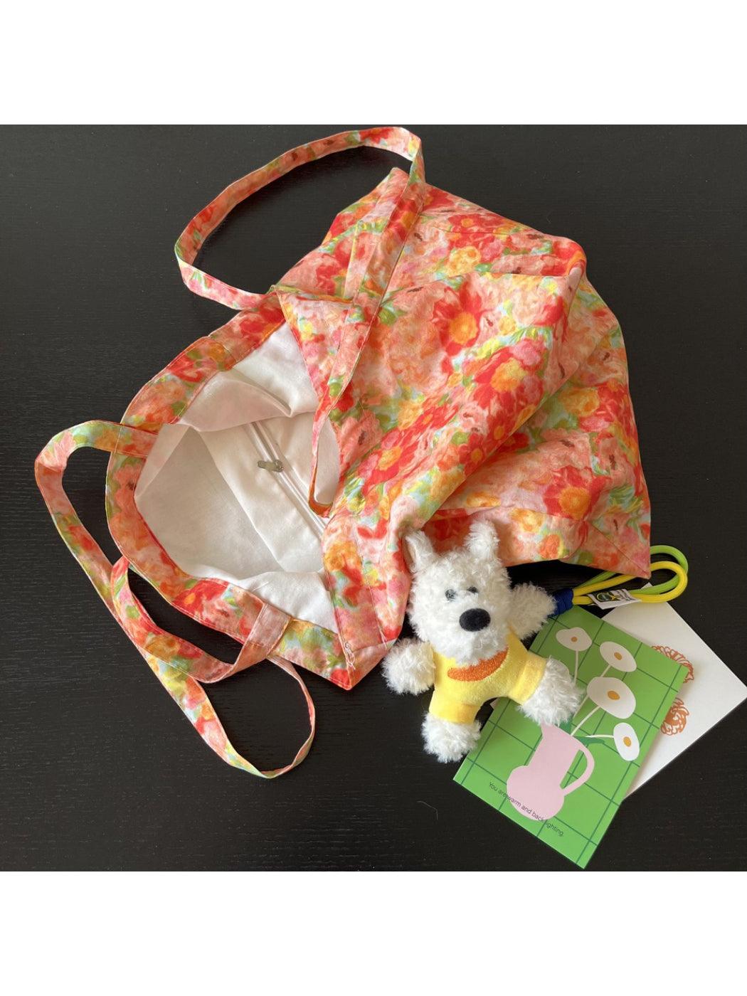 Side view of Cosbai Painterly Bloom Shoulder Tote showing depth and strap attachment