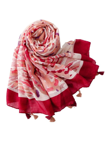 Scarvii Coral Border Lightweight Scarf styled with casual outfit showing full scarf design
