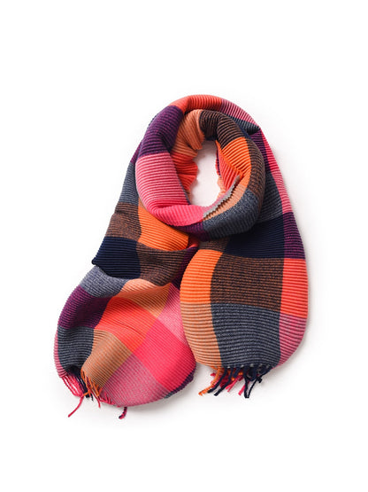 Scarvii - Ribbed Colorblock Plaid Fringed Scarf