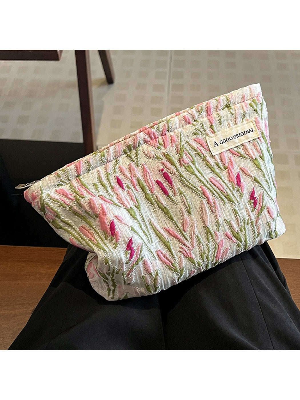 Cosbai – Tulip & Cherry Embossed Canvas Makeup Bag