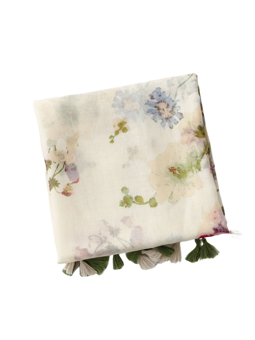 Close-up of Scarvii scarf fabric with detailed watercolor wildflower print and tassel edges