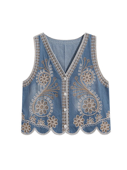 Crosa - Scalloped Hem Floral Pattern Embroidered Vest